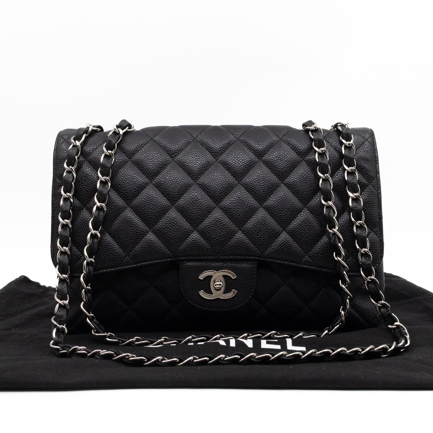 Classic Single Flap Jumbo Black Caviarskin Leather Silver