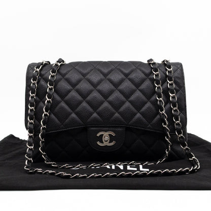 Classic Single Flap Jumbo Black Caviarskin Leather Silver