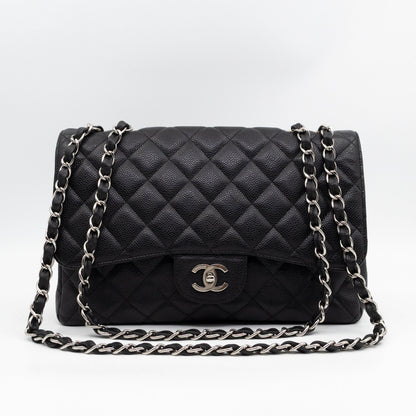 Classic Single Flap Jumbo Black Caviarskin Leather Silver