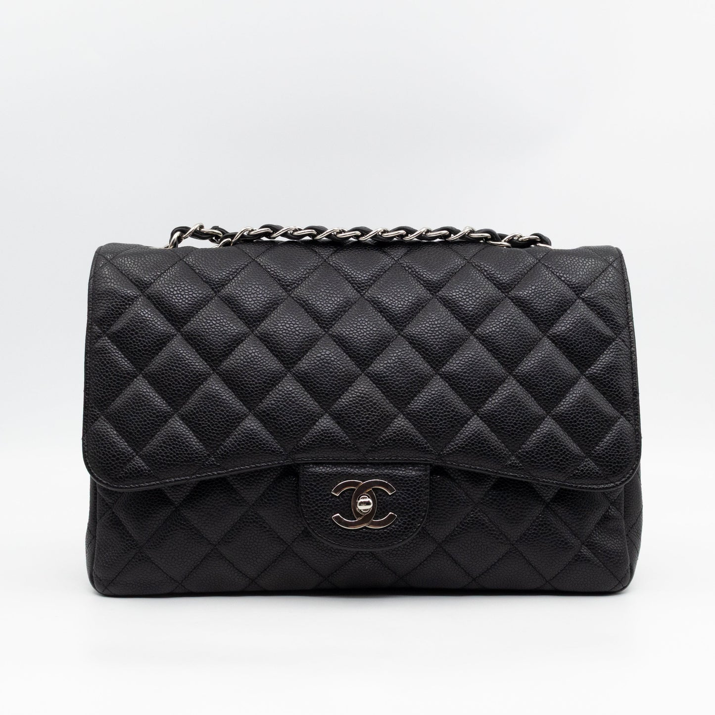 Classic Single Flap Jumbo Black Caviarskin Leather Silver