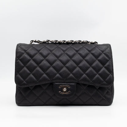 Classic Single Flap Jumbo Black Caviarskin Leather Silver