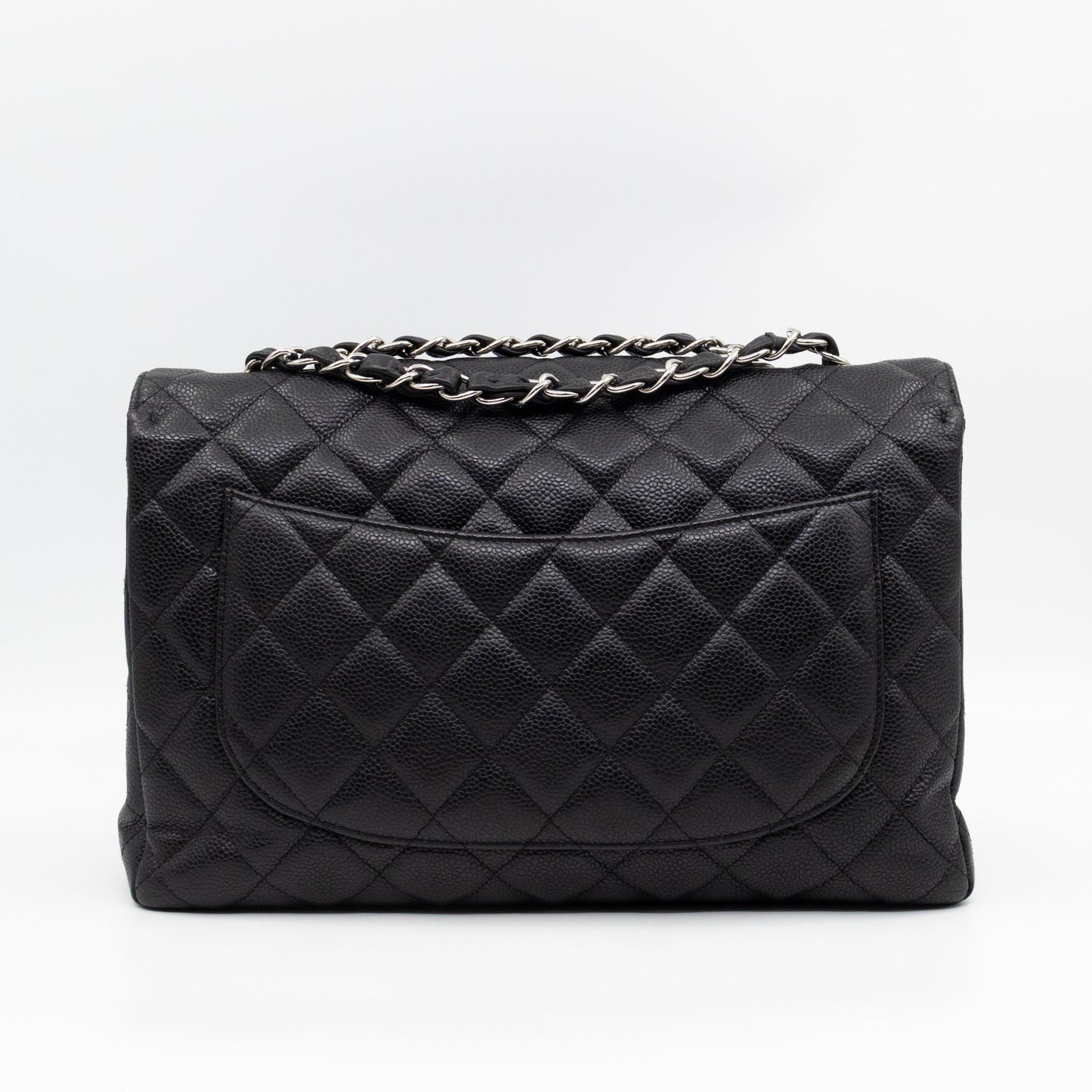 Classic Single Flap Jumbo Black Caviarskin Leather Silver