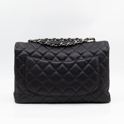 Classic Single Flap Jumbo Black Caviarskin Leather Silver