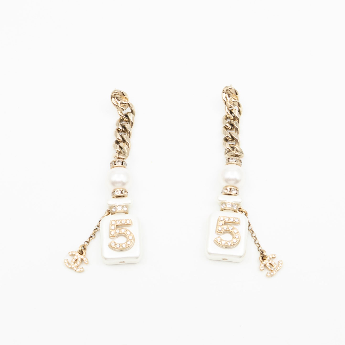 Perfume Bottle 5 Pearl Drop Earrings White Light Gold