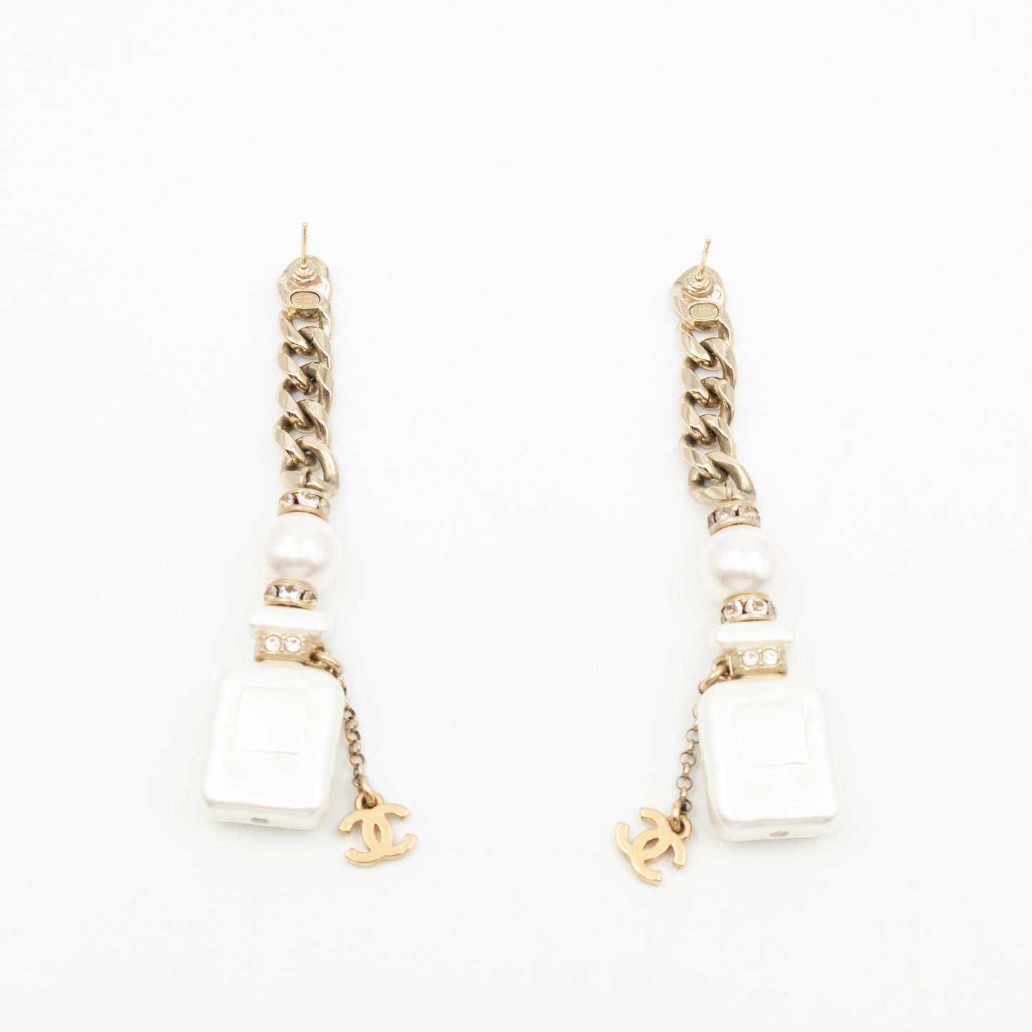 Perfume Bottle 5 Pearl Drop Earrings White Light Gold