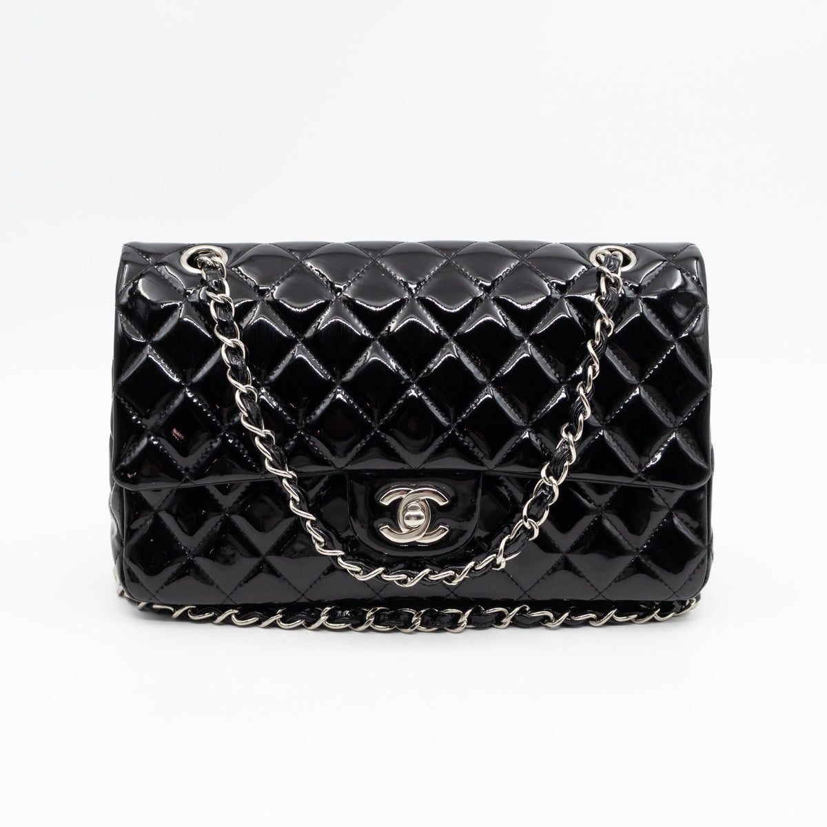 Classic Double Flap Medium Black Patent Leather Silver