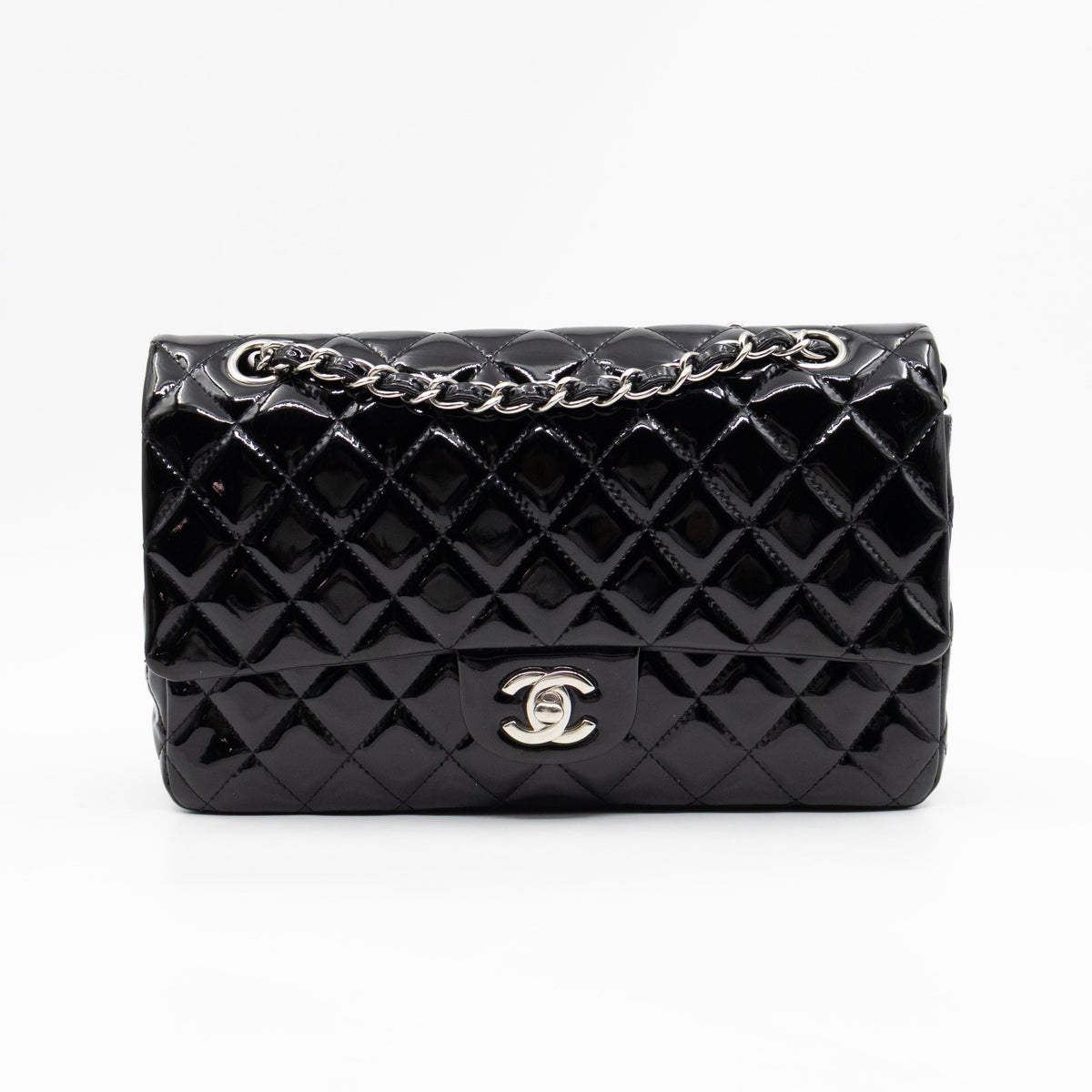 Classic Double Flap Medium Black Patent Leather Silver