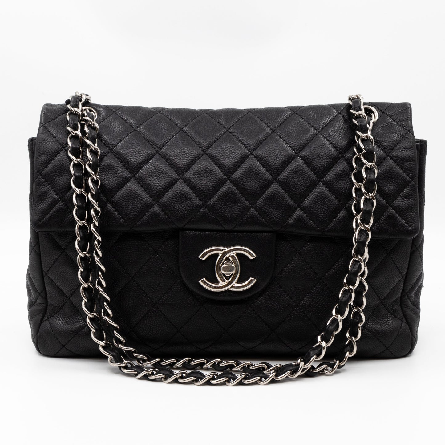 Single Flap Bag Black Caviar Silver
