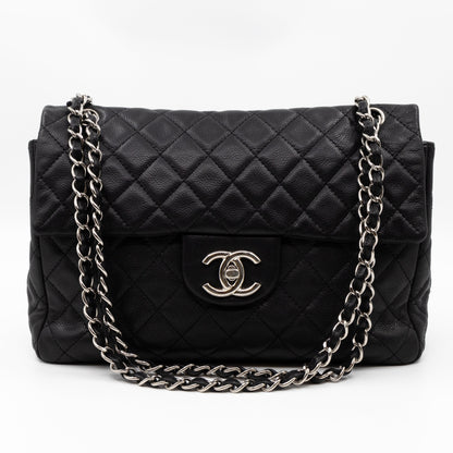 Single Flap Bag Black Caviar Silver
