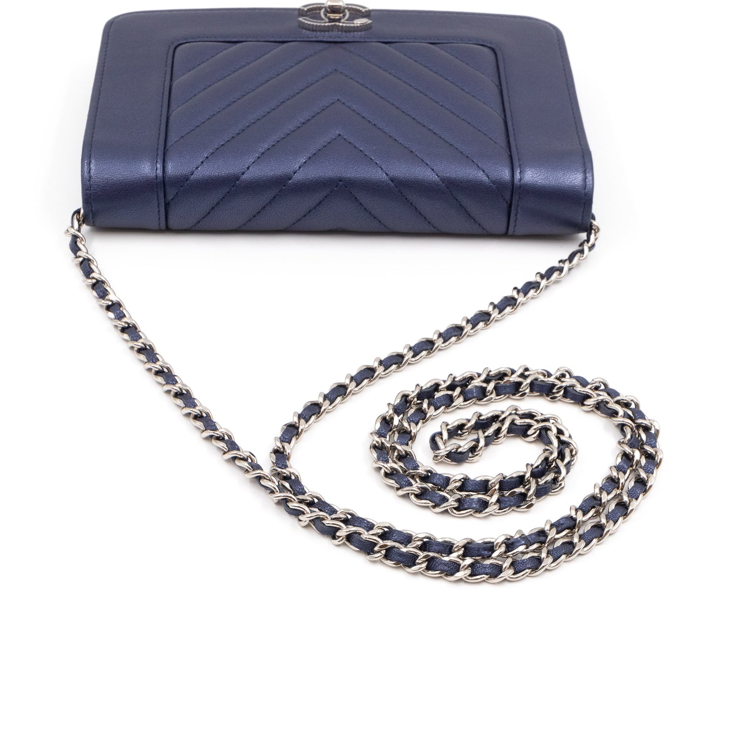 Mademoiselle Vintage Chevron Wallet on Chain Metallic Blue