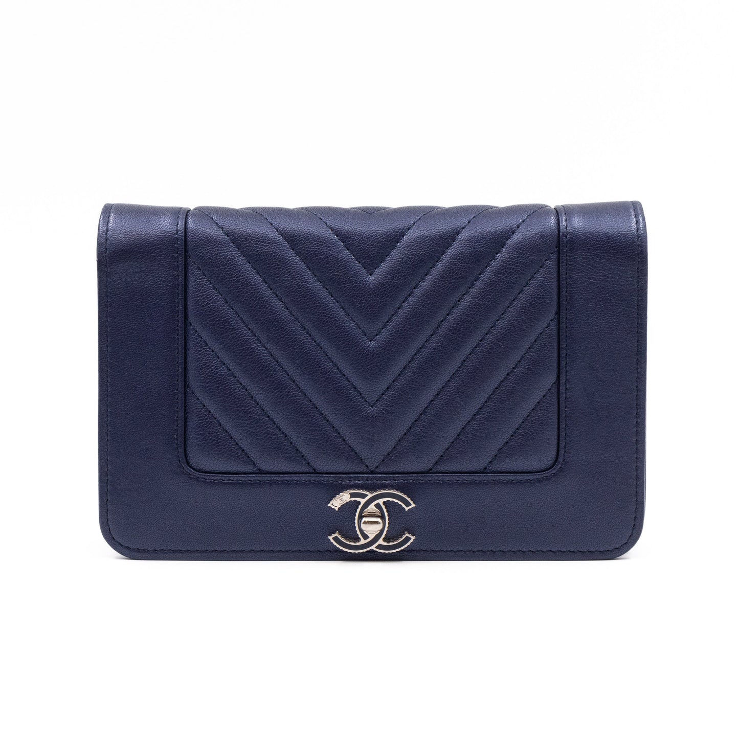 Mademoiselle Vintage Chevron Wallet on Chain Metallic Blue