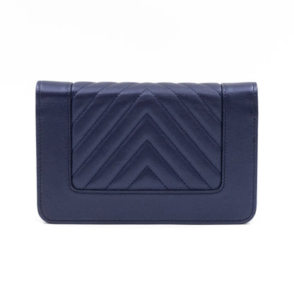 Mademoiselle Vintage Chevron Wallet on Chain Metallic Blue