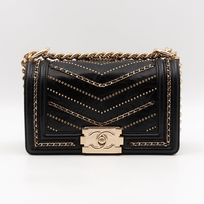 Boy Bag Small Chevron Chains Black Crumpled Calfskin