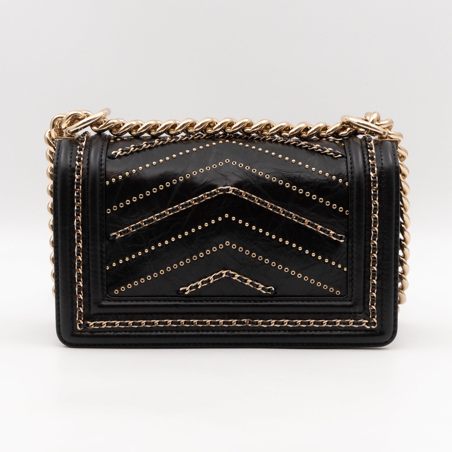 Boy Bag Small Chevron Chains Black Crumpled Calfskin