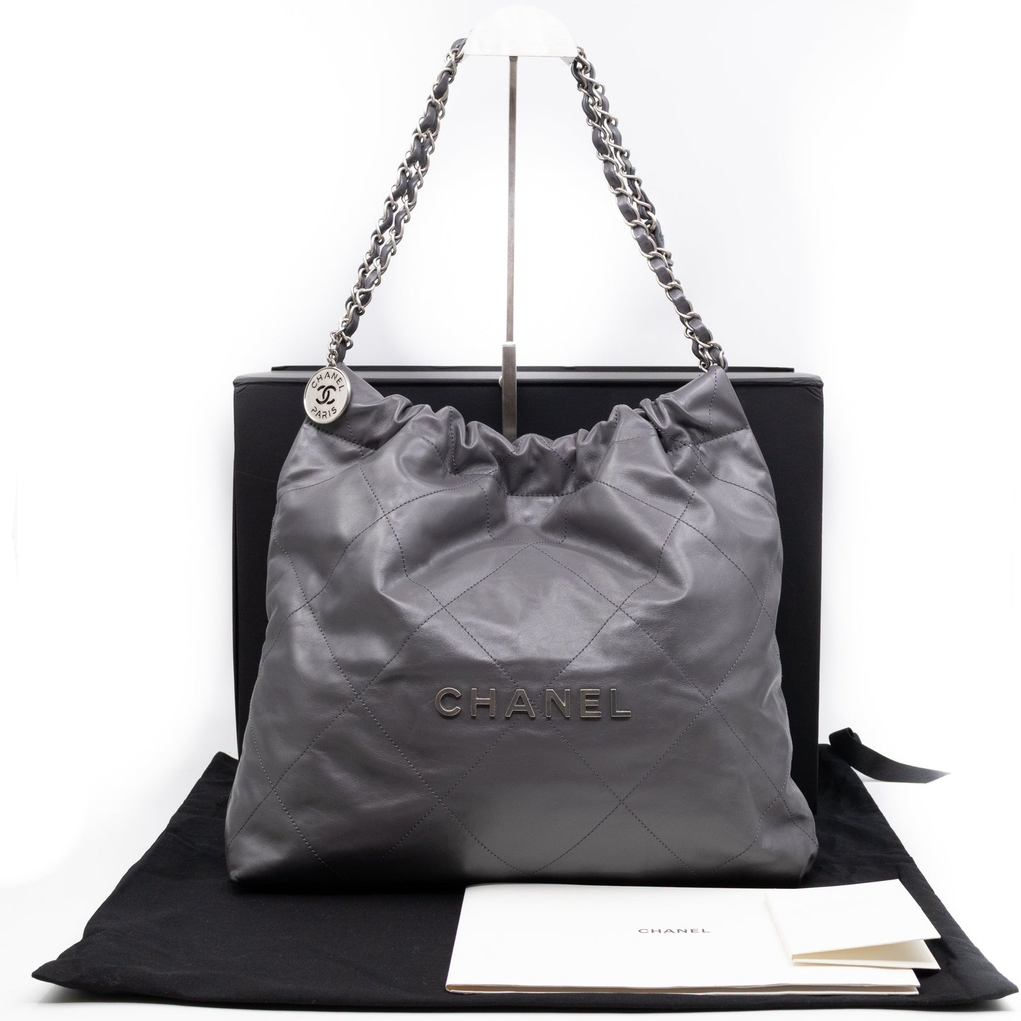 22 Small Dark Grey Calfskin Leather Silver