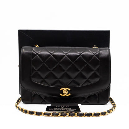 Diana Medium Black Lambskin Leather Gold
