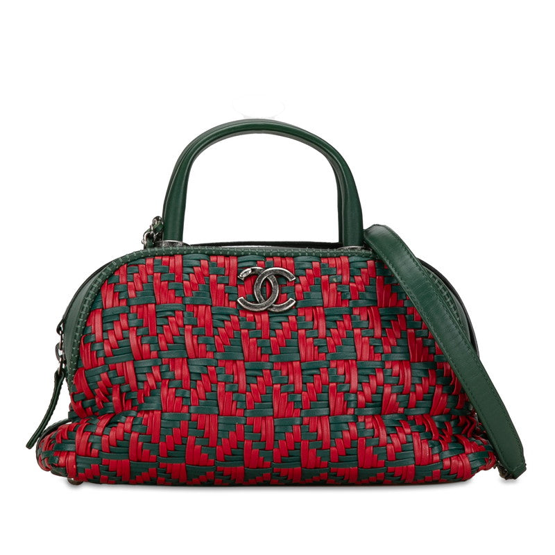 Chanel Woven Leather Bowler Bag Leather Handbag in Good condition