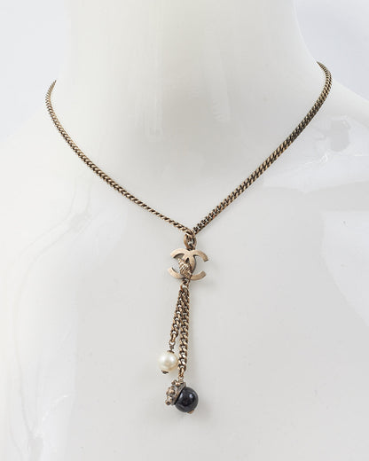 Chanel CC Gunmetal Toned Black and White Charm Necklace