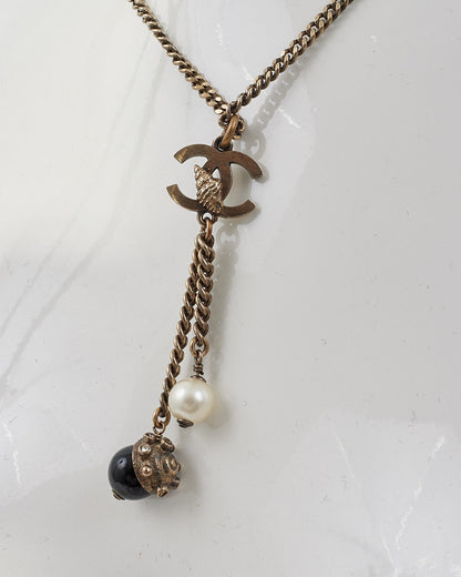 Chanel CC Gunmetal Toned Black and White Charm Necklace