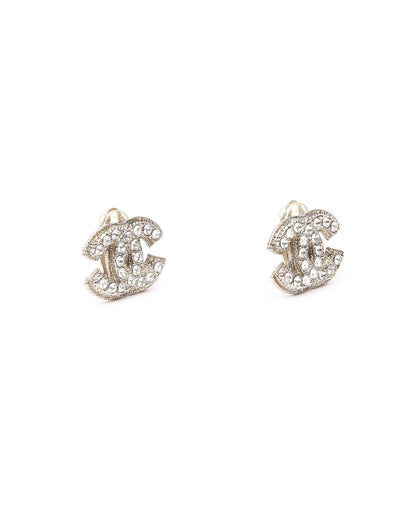 Chanel CC Interlocking Silver Tone Crystal Logo Earrings