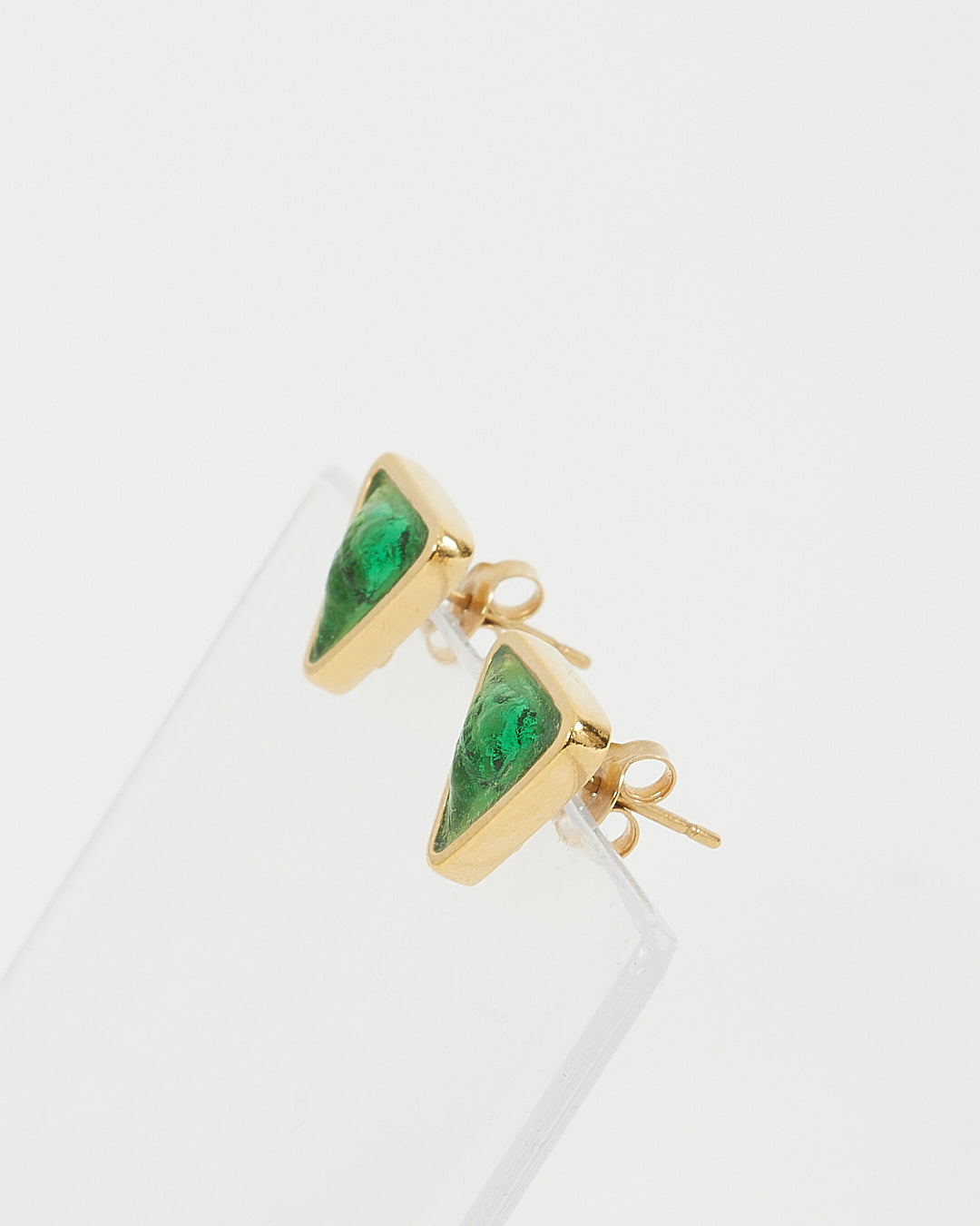 CHANEL CC Gold Tone Logo Pierce Earrings Gold/Green