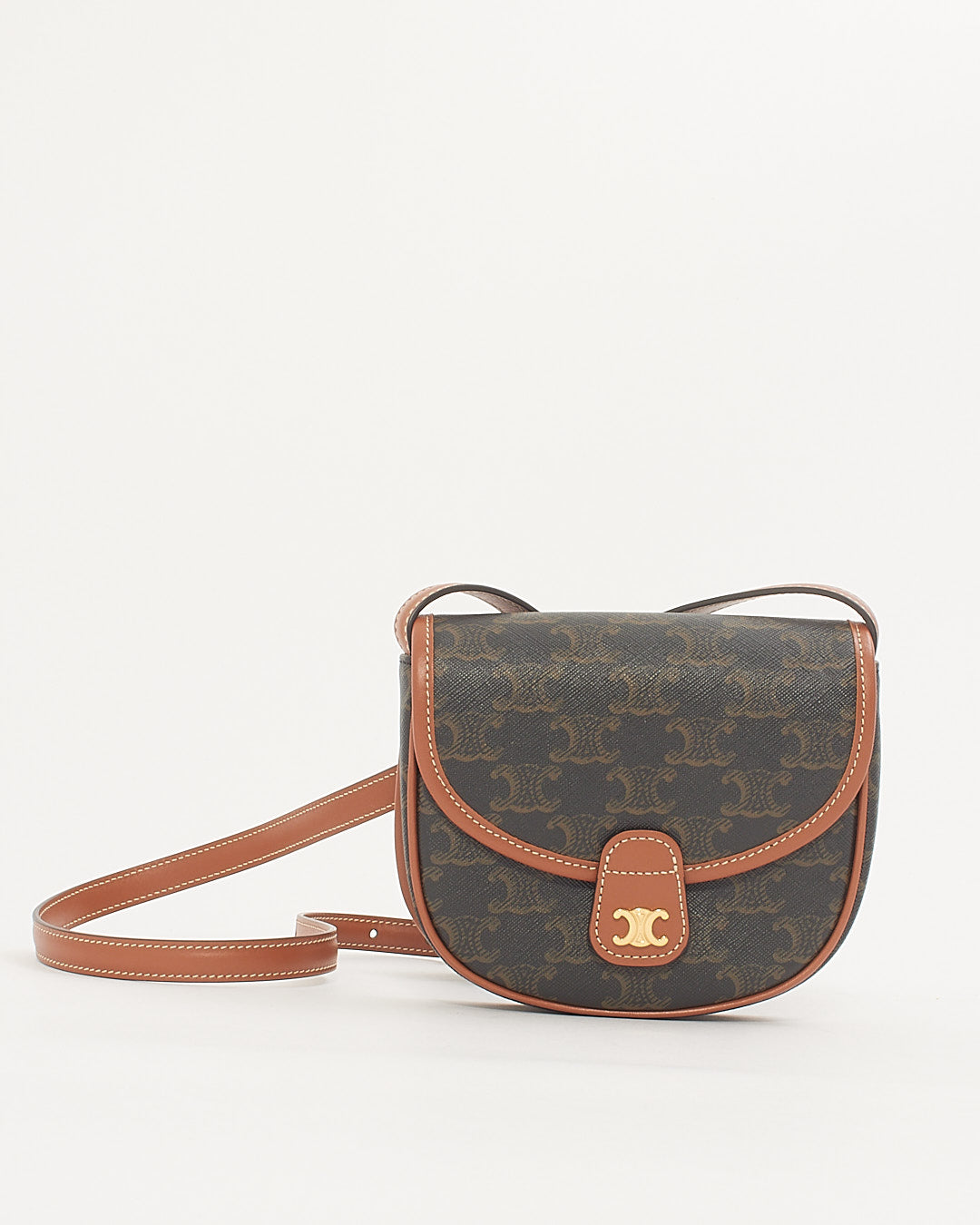 Celine Triomphe Coated Canvas / Tan Leather Trim Mini Besace Crossbody