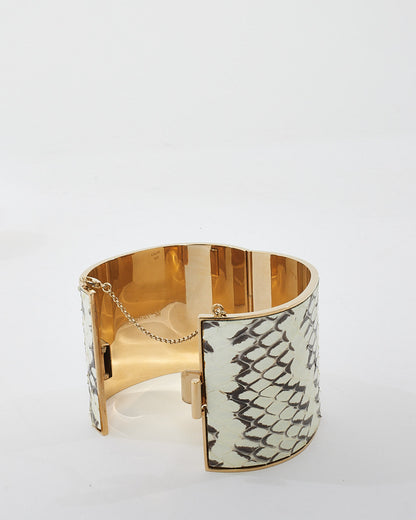 Celine White & Grey Python Metal Edge Cuff Bracelet - M