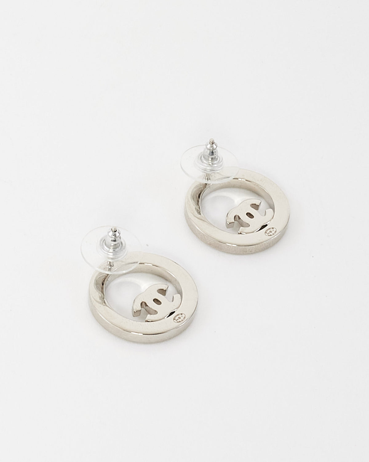 Chanel Crystal & Silver Logo Round Stud Earrings