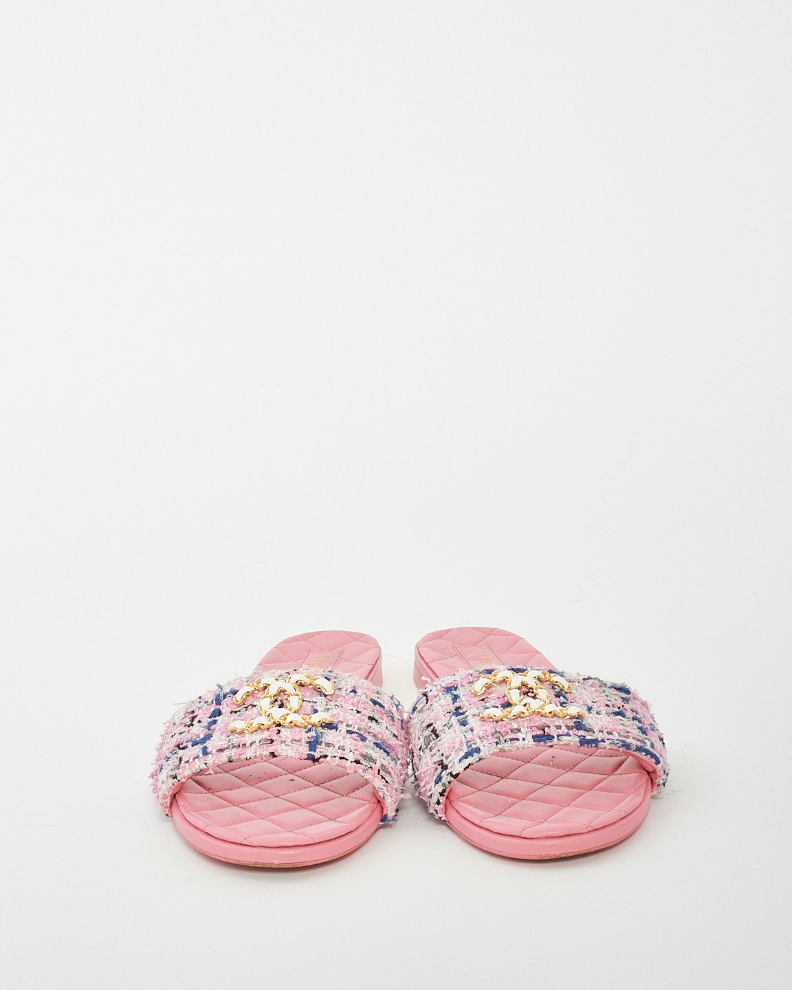Chanel Pink Multi Leather & Tweed Logo Flat Sandals - 41