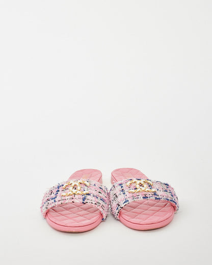Chanel Pink Multi Leather & Tweed Logo Flat Sandals - 41