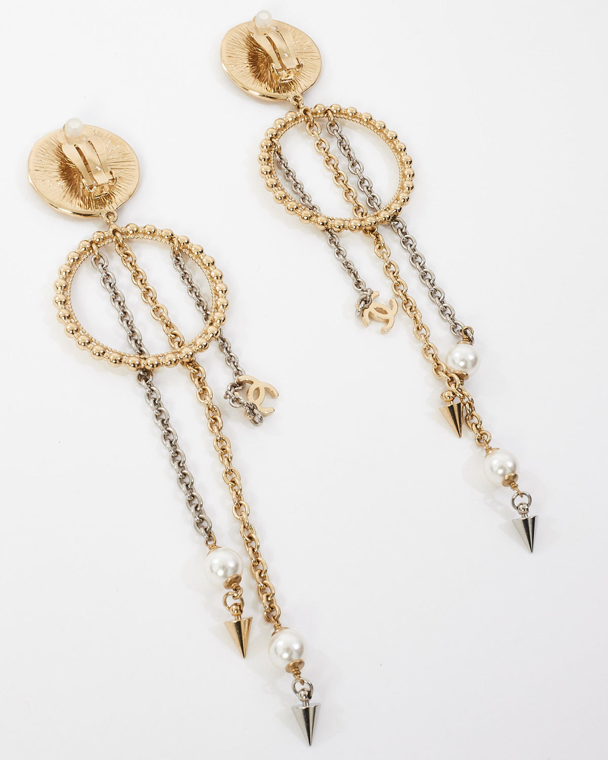 Chanel Gold Pearl Logo Drop Hoop Clip On Earrings