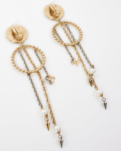 Chanel Gold Pearl Logo Drop Hoop Clip On Earrings