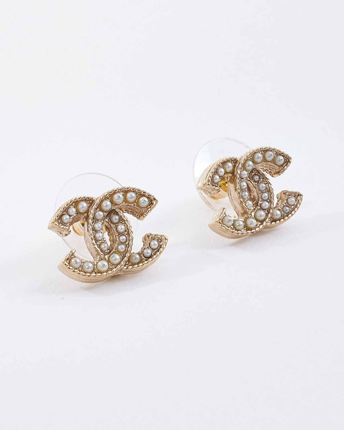 Chanel Gold & Pearl Logo Stud Earrings