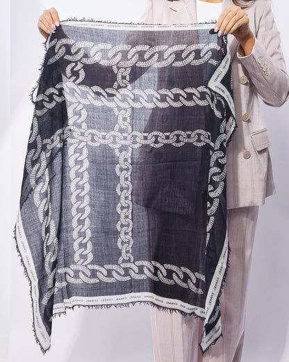 Chanel Black & White Chain Link Logo Cashmere Blend Square Scarf
