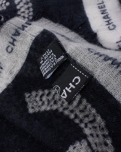 Chanel Black & White Chain Link Logo Cashmere Blend Square Scarf