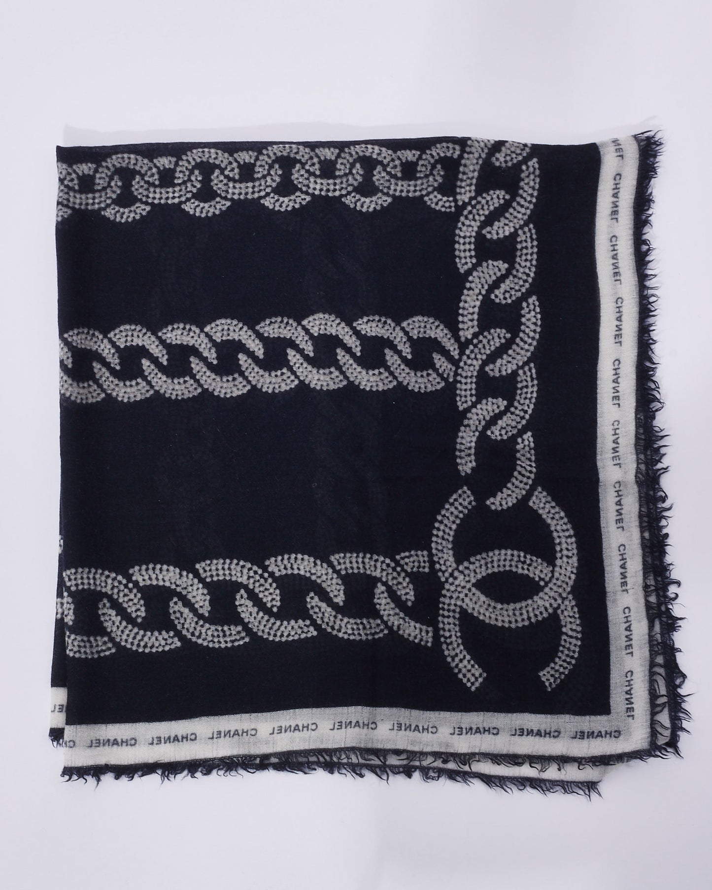 Chanel Black & White Chain Link Logo Cashmere Blend Square Scarf