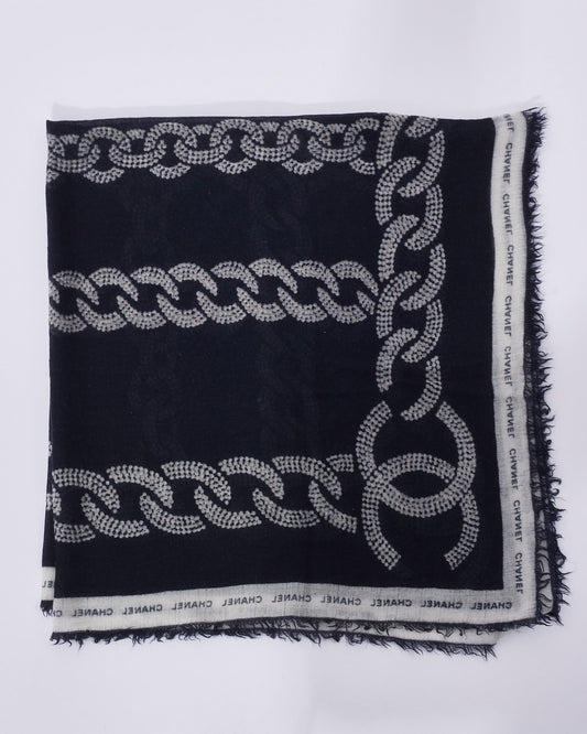 Chanel Black & White Chain Link Logo Cashmere Blend Square Scarf