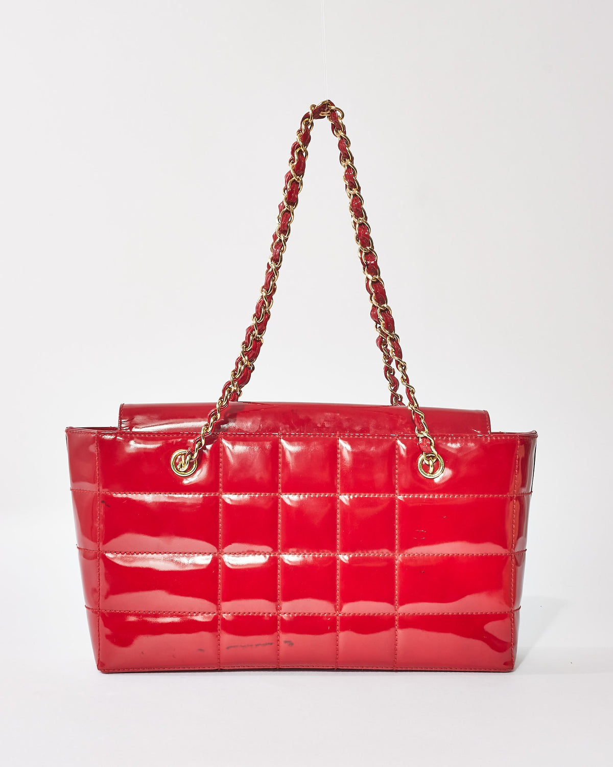 Chanel Vintage Red Patent Leather "Chocolate Bar" Tote Bag