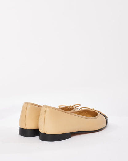 Chanel Beige & Black Classic Logo Ballerina Flats - 38C