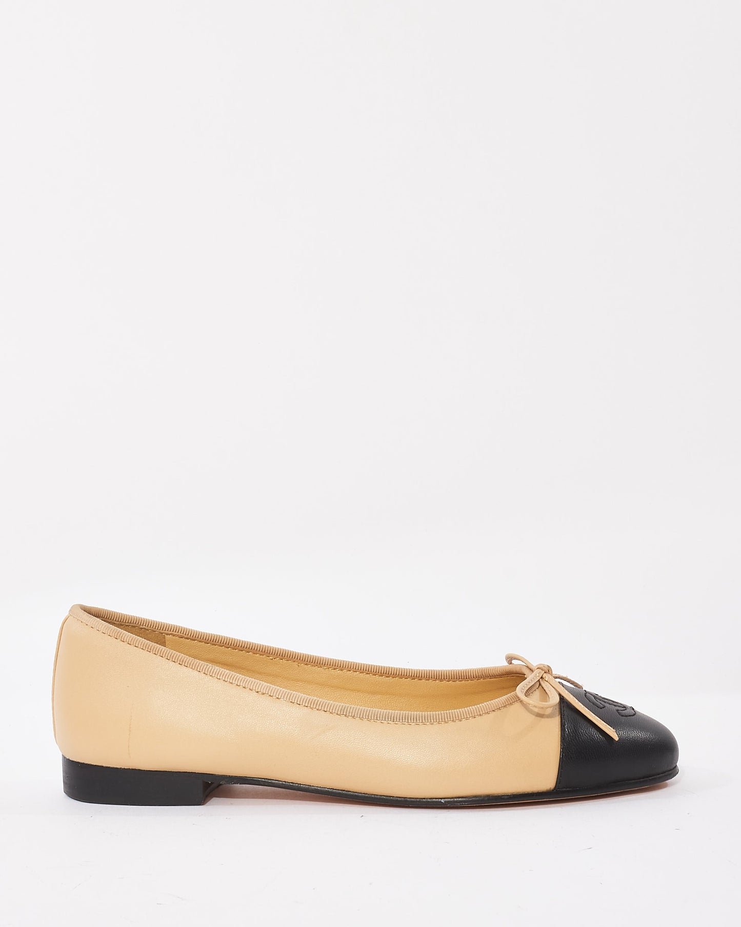Chanel Beige & Black Classic Logo Ballerina Flats - 38C
