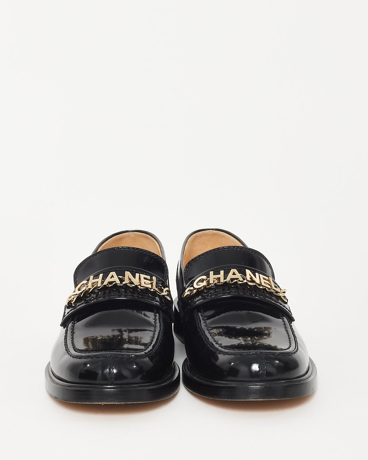 Chanel Black Patent Leather Chain 'CHANEL' loafers - 39.5C