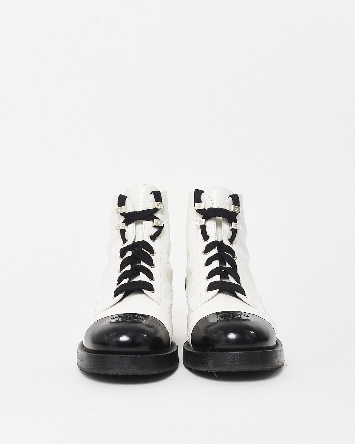 Chanel White Leather & Black Cap Toe Combat Boots - 37.5
