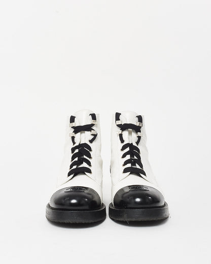 Chanel White Leather & Black Cap Toe Combat Boots - 37.5