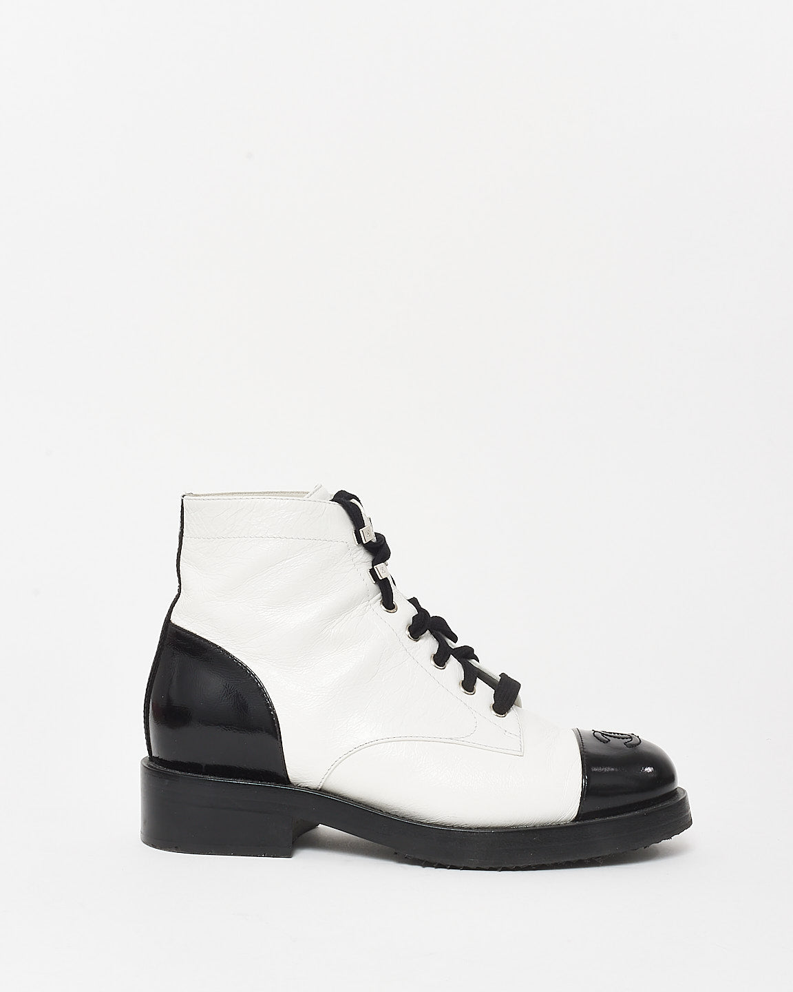Chanel White Leather & Black Cap Toe Combat Boots - 37.5