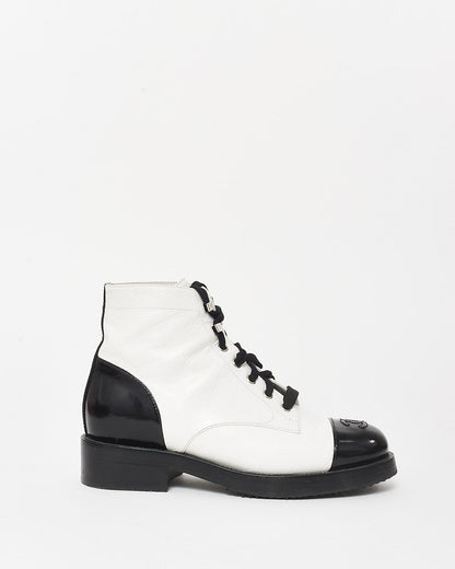 Chanel White Leather & Black Cap Toe Combat Boots - 37.5