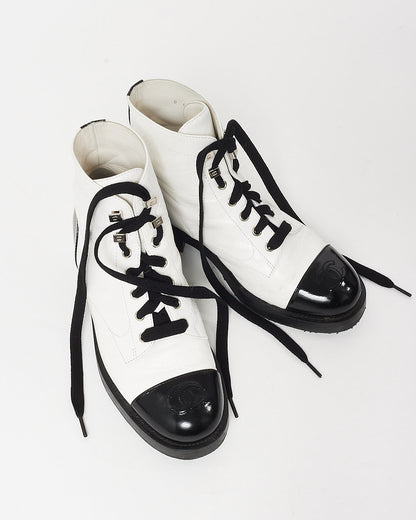 Chanel White Leather & Black Cap Toe Combat Boots - 37.5