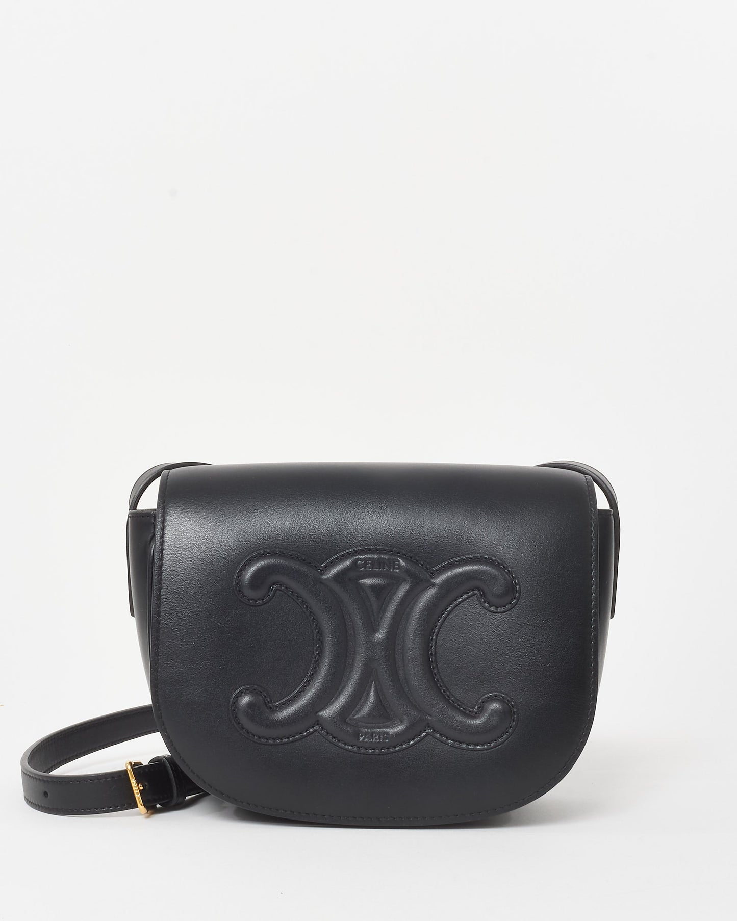 Celine Black Smooth Leather Triomphe Logo Floco Crossbody Bag