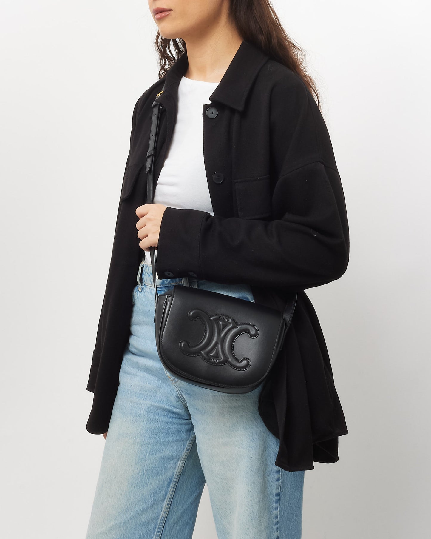 Celine Black Smooth Leather Triomphe Logo Floco Crossbody Bag