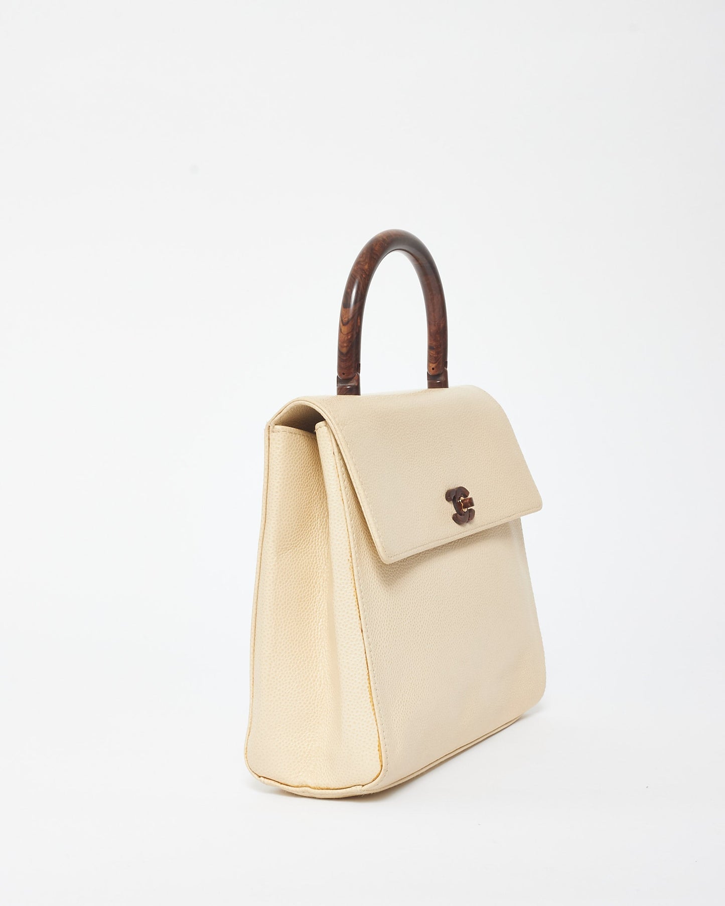 Chanel Vintage Cream Caviar Leather & Wood Kelly Bag