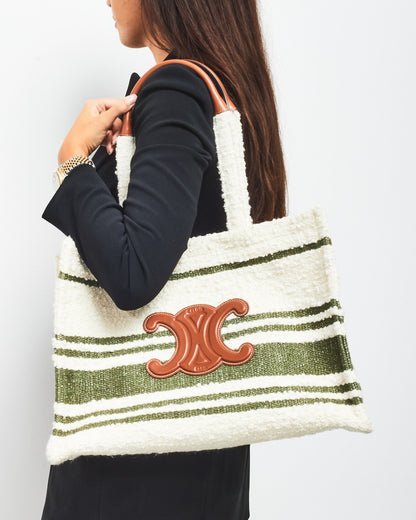 Celine Ivory & Green Shearling Brown Triomphe Leather Logo Tote
